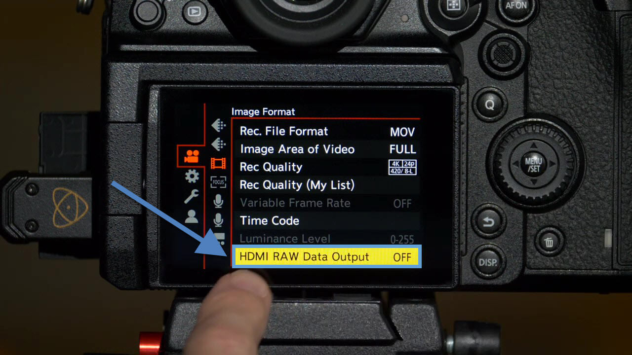 Step 3: Image with the HDMI RAW Data Output option on the DC-S1H highlighted. This image is to be used in tandem with the instructions paired with it.