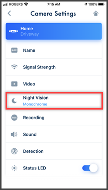 Night vision option highlighted