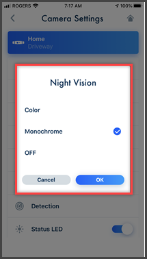 Night vision options menu for KX-HNC850