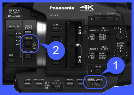 Image of camera butrtons showing the location of the Focus A or M setting and the Auto manu button.