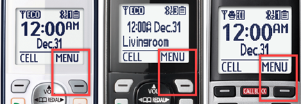 Image shows location of the Menu button on most Panasonic Telephones located on the top right of the hay pad. The display shows the word MENU above it.