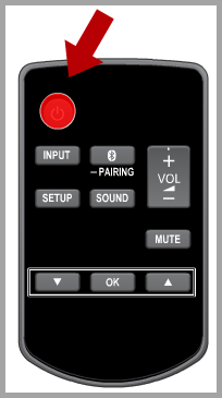 Image of the remote control for the unit, with the power button highlighted.