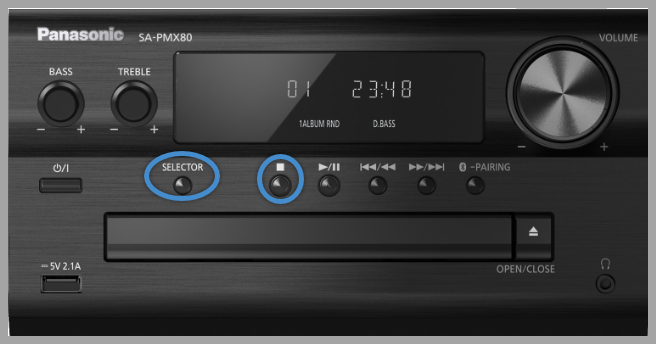 Image of front of stereo showing the selector and Stop Buttons