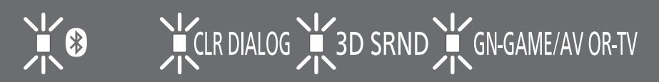 LED Indicators: (From left-right) Bluetooth Indicator, CLR Dialouge Indicator, 3D Surround Indicator, GN-GAME/AV OR-TV