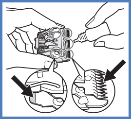 Image shows locatins to apply oil. Apply one drop on the left, middle and right of theteeth and 1 drop on each of the blade guides.