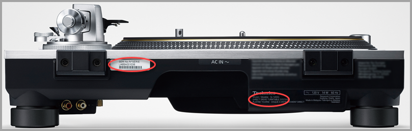 Image shows Model and serial number located on the back on the speaker.